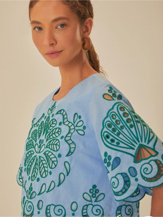 FARM Rio Tops - NWOT FARM RIO SHIRT Blue Embroidered Top SCALLOPED ACCENT SEASHELLS S